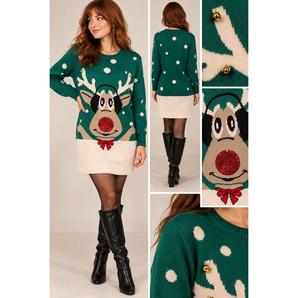 Allison Brittney Reindeer Sweater Dress S Green Sequin Nose Jingle Bell Holiday